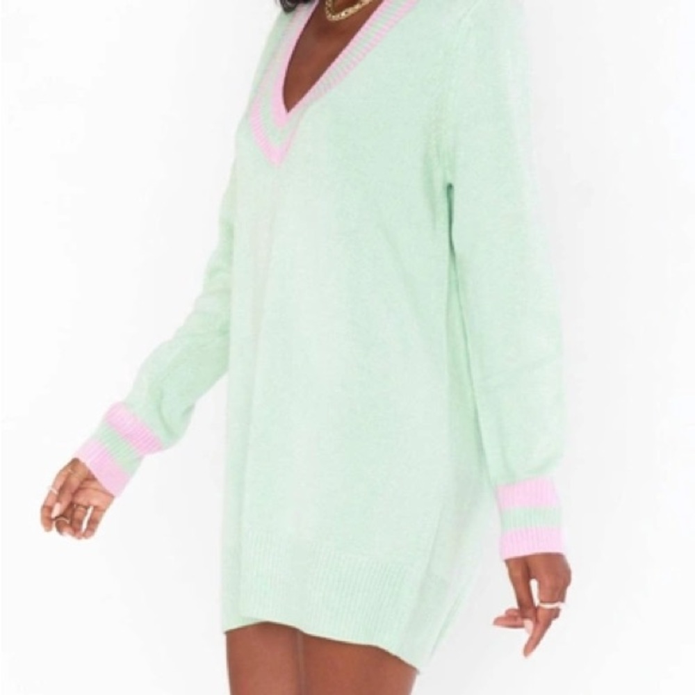 Mint Green V-Neck Sweater Dress - Picture 2 of 5